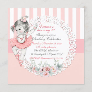 Ballerina-Tutu-Ballett-Rosa-Weiß-Streifen-Spitze Einladung