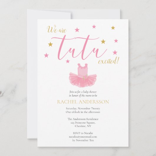 Ballerina Tutu Pink Gold Baby Dusche Einladung (Vorderseite)