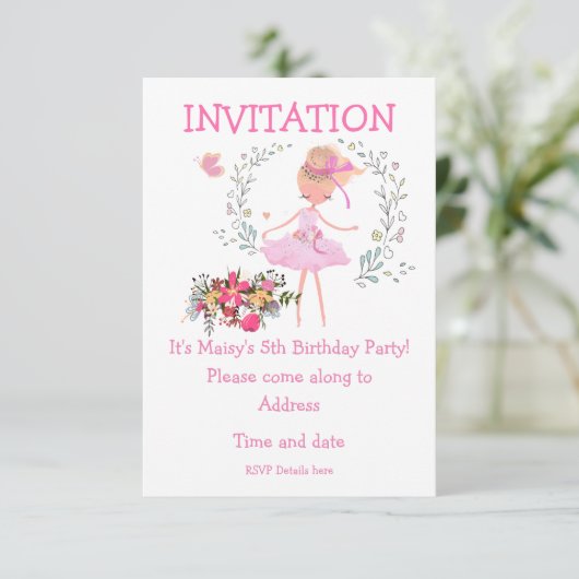 Ballerina und Blumendesign Einladung zum Geburtsta (Stehend Vorderseite)