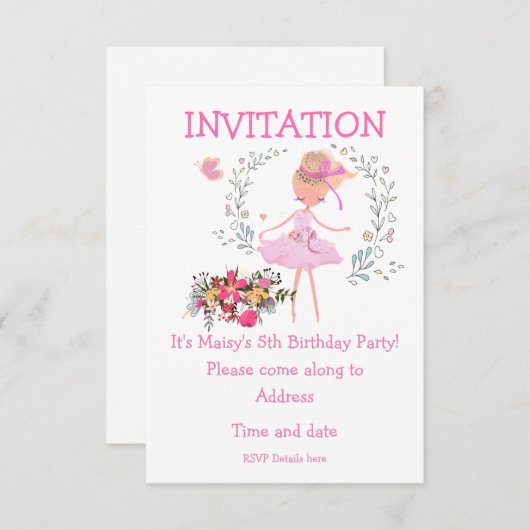 Ballerina und Blumendesign Einladung zum Geburtsta (Vorne/Hinten)