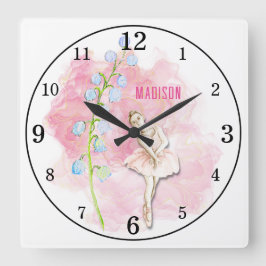 Ballerina und Lily of the Valley Floral on Pink Quadratische Wanduhr