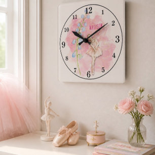 Ballerina und Maiglöckchen-Blumen auf Rosa Quadratische Wanduhr