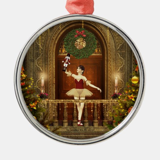 Ballerina und Nutcracker Rundsilber Silbernes Ornament (Vorne)