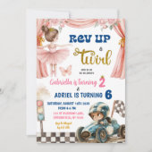 Ballerina und Rennwagen Gemeinsamer Geburtstag Einladung (Vorderseite)