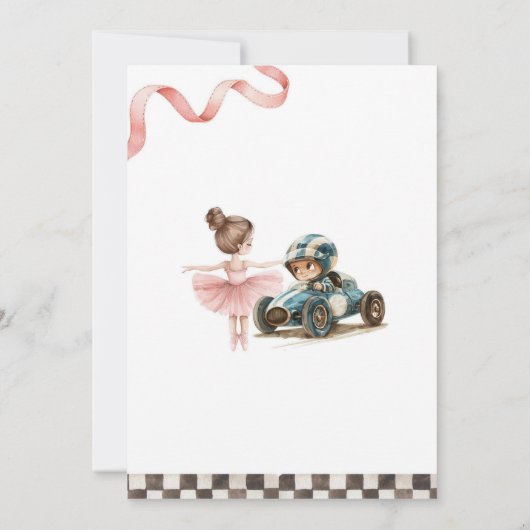 Ballerina und Rennwagen Gemeinsamer Geburtstag Einladung (Rückseite)