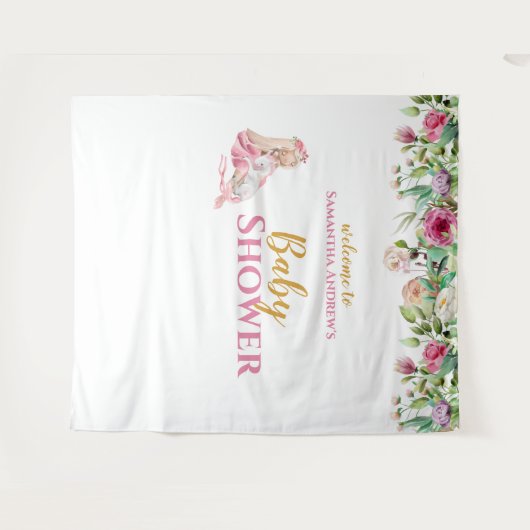 Ballerina & Unicorn Girly Babydusche Hintergrund Wandteppich (Vorderseite (Horizontal))