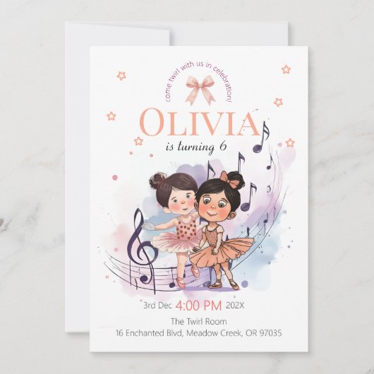 Ballet Birthday Invite – Twirl Party Theme Einladung (Vorderseite)