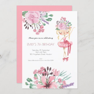 Ballet Dancer Florals Girl 7. Geburtstagsparty Einladung