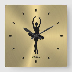 Ballet Dancer Silhouette On Metallic Gold Quadratische Wanduhr
