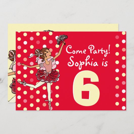 Ballet Kids Party Rot-Gelbe Einladung (Vorne/Hinten)