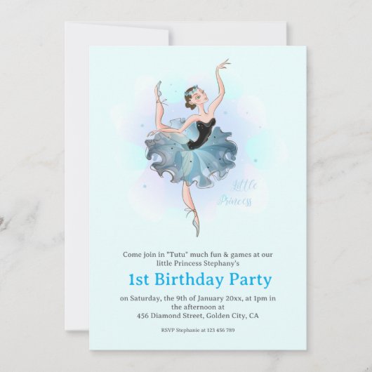 Ballet Princess 1st Birthday Pastel Illustration Einladung (Vorderseite)
