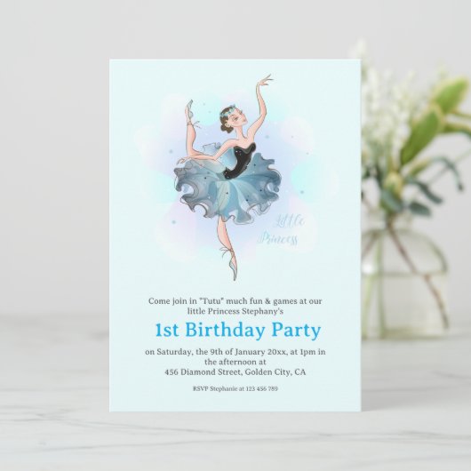 Ballet Princess 1st Birthday Pastel Illustration Einladung (Stehend Vorderseite)