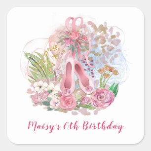 Ballet Shoes Blume Pink Girl 6. Geburtstagsparty Quadratischer Aufkleber
