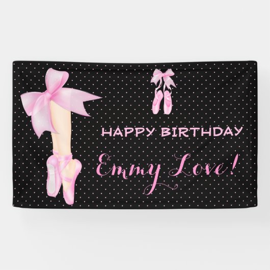 Ballet Shoes Bow Pink & Black Polka Dot Banner (Horizontal)