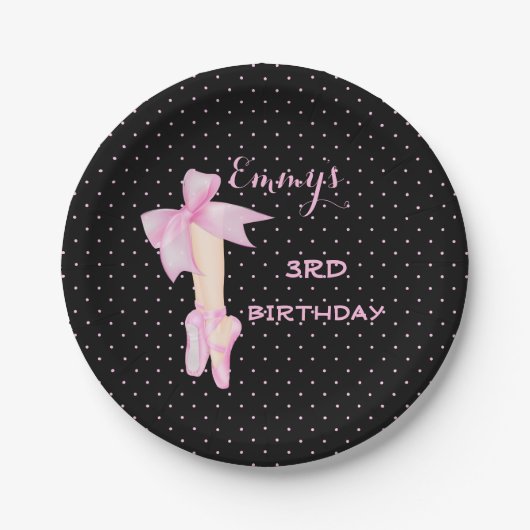 Ballettschuhe Ballerina Pink & Black Polka Dot Pappteller (Vorderseite)