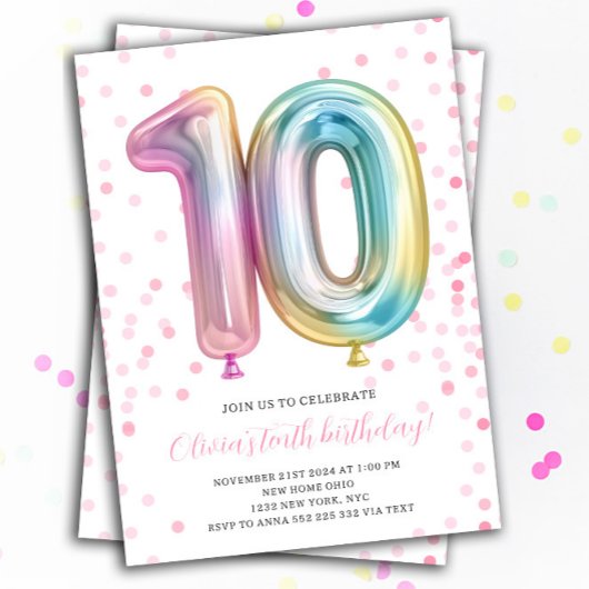 Ballon 10. Geburtstag Girl Party Nummer Rainbow Einladung