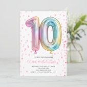 Ballon 10. Geburtstag Girl Party Nummer Rainbow Einladung (Stehend Vorderseite)