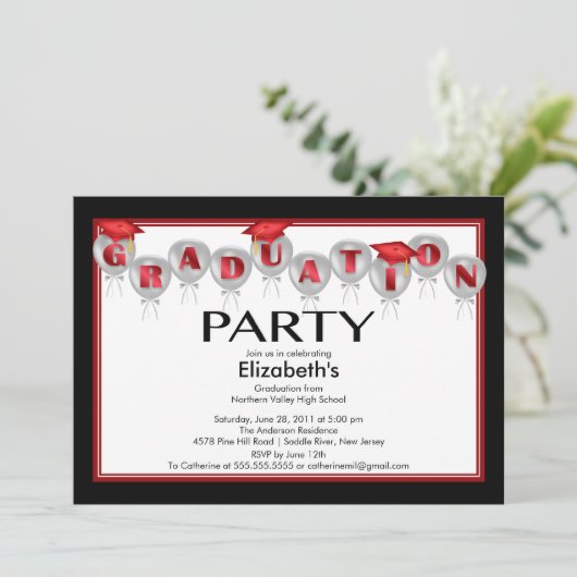 Ballon-Abschluss-Party Einladungs-Rot-Kappe Einladung (Stehend Vorderseite)