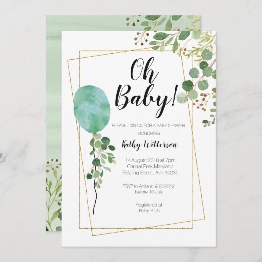 Ballon-Aquarell-Grünoh Babyparty Einladung (Vorne/Hinten)