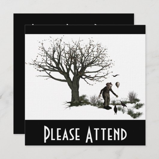 Ballon-Clown-alter Baum u. schwarze Vögel Einladung (Vorne/Hinten)