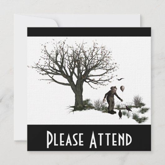 Ballon-Clown-alter Baum u. schwarze Vögel Einladung (Vorderseite)