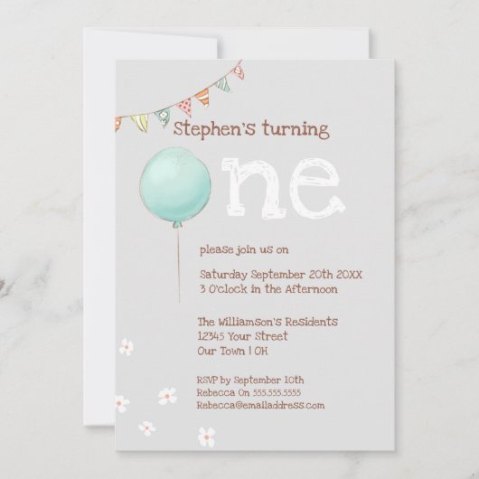 Ballon & Fahnen 1. Geburtstag Einladung (Vorderseite)