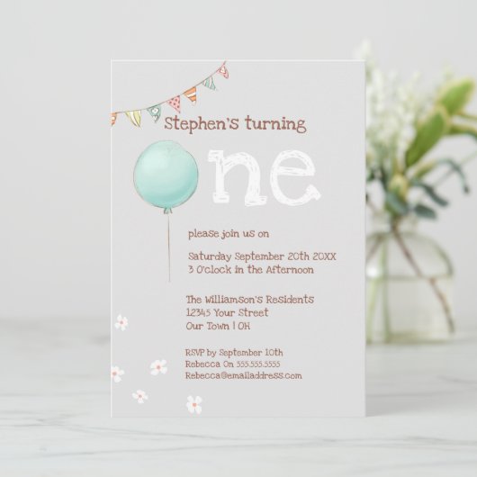 Ballon & Fahnen 1. Geburtstag Einladung (Stehend Vorderseite)