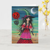 Ballon-Hexe-Halloween-Fantasie-Kunst Karte (Gelbe Blume)