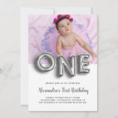 Ballon Text Erster Geburtstag Foto Personalisiert Einladung (Vorderseite)