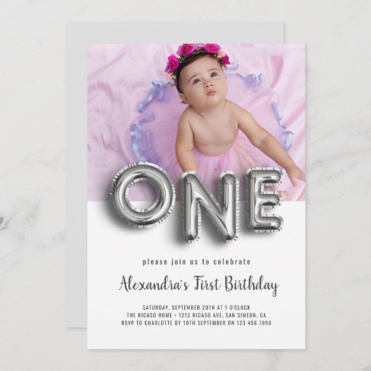 Ballon Text Erster Geburtstag Foto Personalisiert Einladung (Vorne/Hinten)