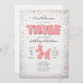 Ballon-Tierziegelsteinconfetti-Rosa-3. Geburtstag Einladung (Vorne/Hinten)