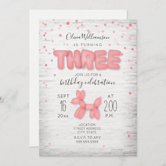 Ballon-Tierziegelsteinconfetti-Rosa-3. Geburtstag Einladung (Vorne/Hinten)