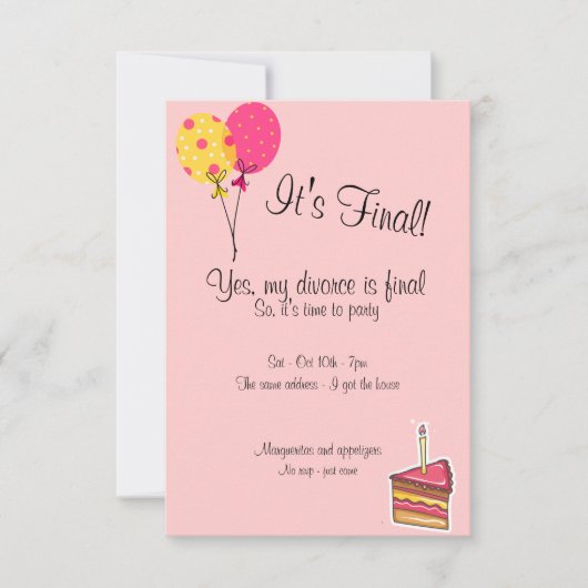 Ballone und Kuchen-Scheidungs-Party Einladung (Vorderseite)