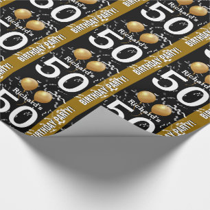 Balloneconfetti-50. Geburtstag SCHWARZES GOLD Geschenkpapier