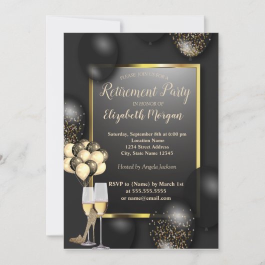 Ballons, Glas, hohe Absätze, schwarzes Ruhestand Einladung (Vorderseite)