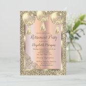 Ballons, Goldrahmen, Rose Gold, Glitzer Rente Einladung (Stehend Vorderseite)