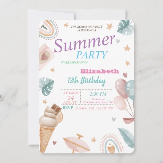 Ballons, Regenbogen, Eiscreme Sommergeburtstag Par Einladung (Vorderseite)