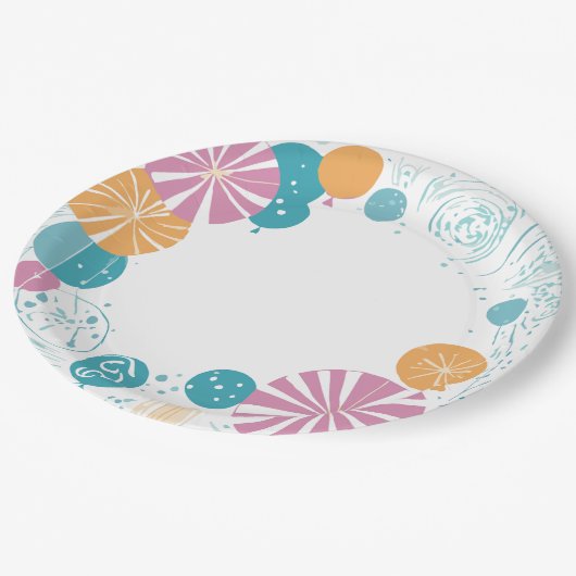 Ballons und Sterne Pappteller (Schrägansicht)