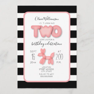 Balloon Animal Black + White Pink 2. Geburtstag Einladung