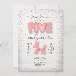 Balloon Animal Brick Confetti Pink 5. Geburtstag Einladung