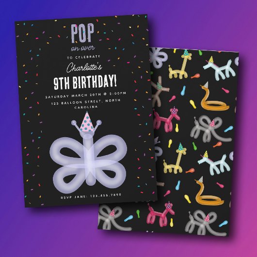 Balloon Animals Butterfly Kids Birthday Party Einladung