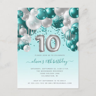 Balloon Arch Aquamarin Silver 10. Geburtstagsparty Postkarte
