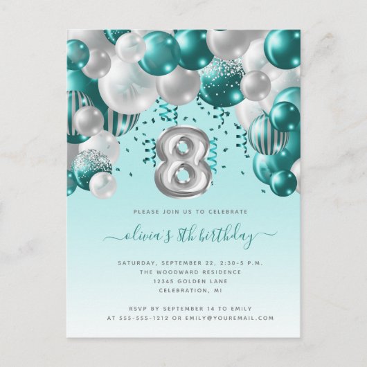 Balloon Arch Aquamarin Silver 8. Geburtstagsparty Postkarte (Vorderseite)
