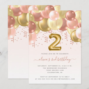 Balloon Arch Blush Gold Girls 2. Geburtstag Party Einladung