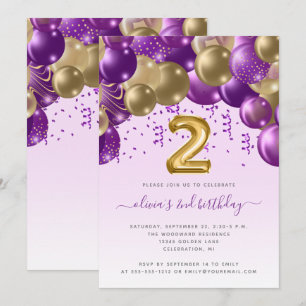 Balloon Arch Lila Gold Girls 2. Geburtstag Party Einladung