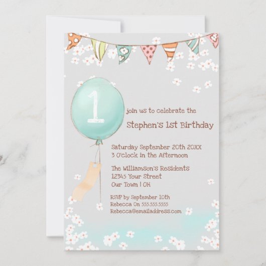 Balloon Baby Boy 1. Geburtstag Einladung (Vorderseite)
