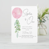 Balloon Baby Girl 1. Geburtstag Erster Eukalyptus Einladung (Stehend Vorderseite)