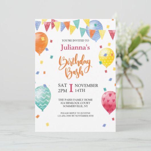 Balloon Birthday Bash Einladung (Stehend Vorderseite)