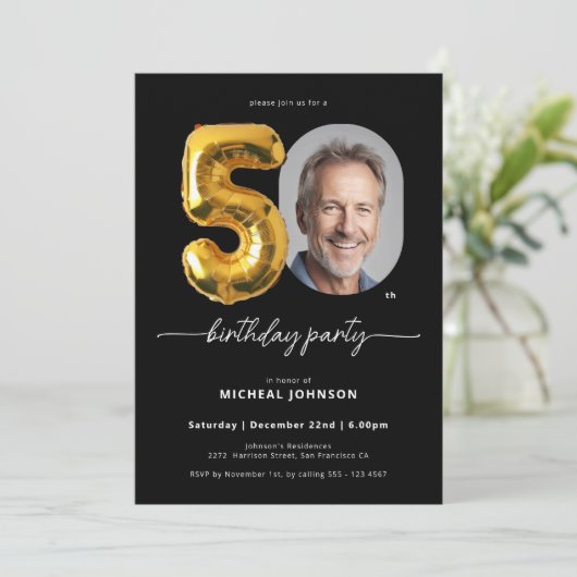 Balloon Black Gold 50. Geburtstag Einladung (Stehend Vorderseite)