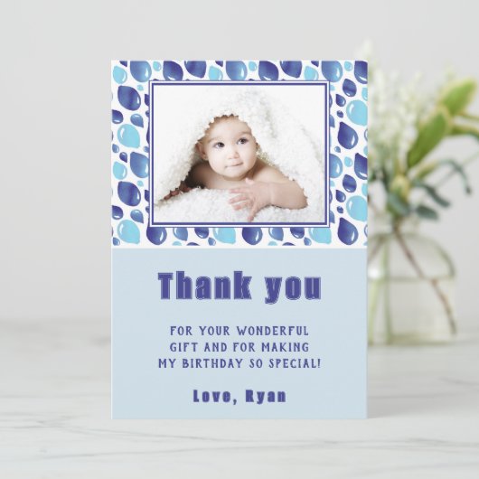 Balloon Blue Kid's Foto Geburtstag Dankeskarte (Stehend Vorderseite)